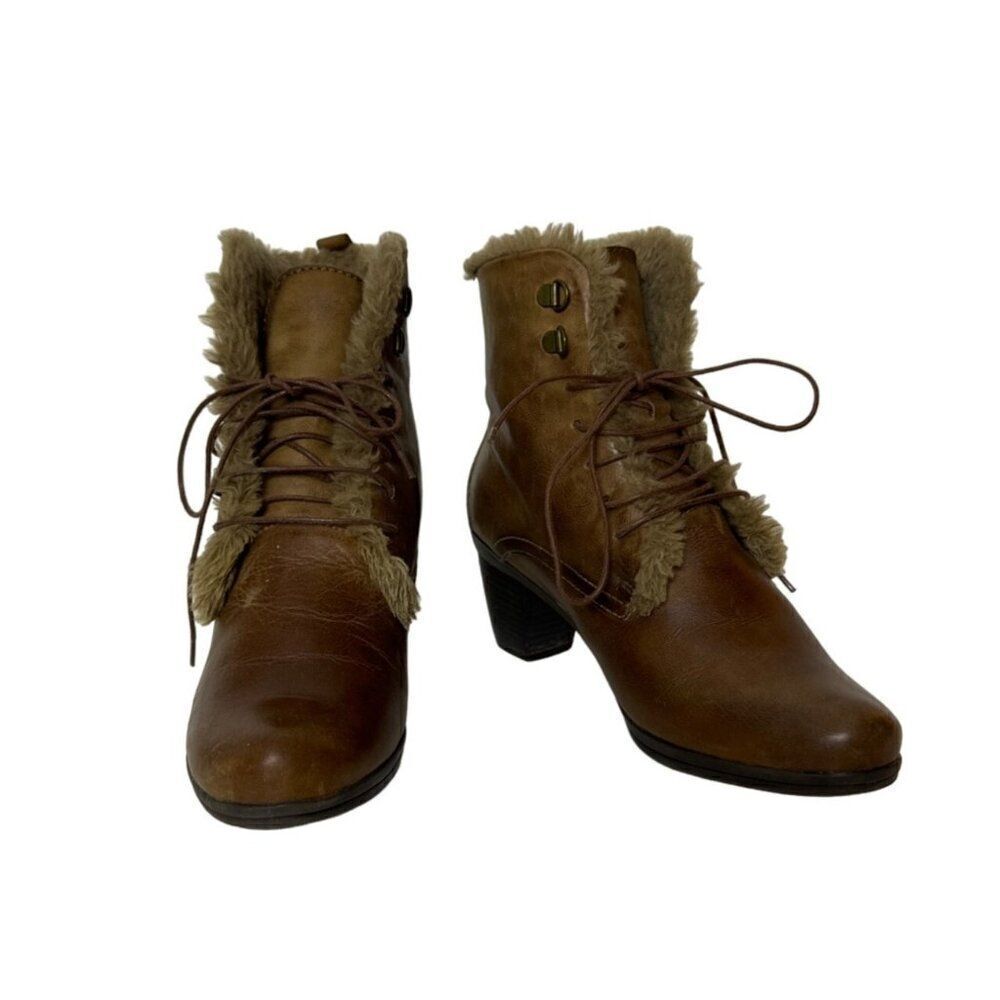 Pikolinos Womens Fur-Lined Leather Ankle Boots Size 37 With Lace-Up & Block Heel